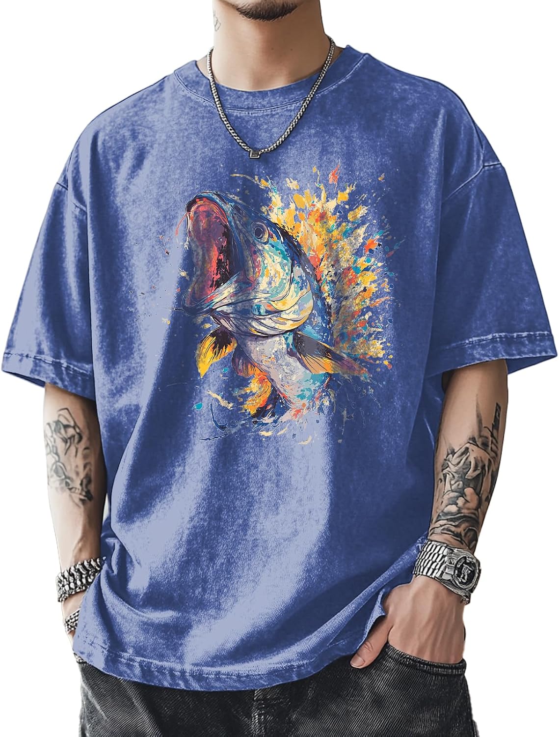 Vintage Graphic Printed T-Shirts for Men Casual Cotton Tees Comfy Streetwear Crewneck Short Sleeve Summer Tops - Blue Fish