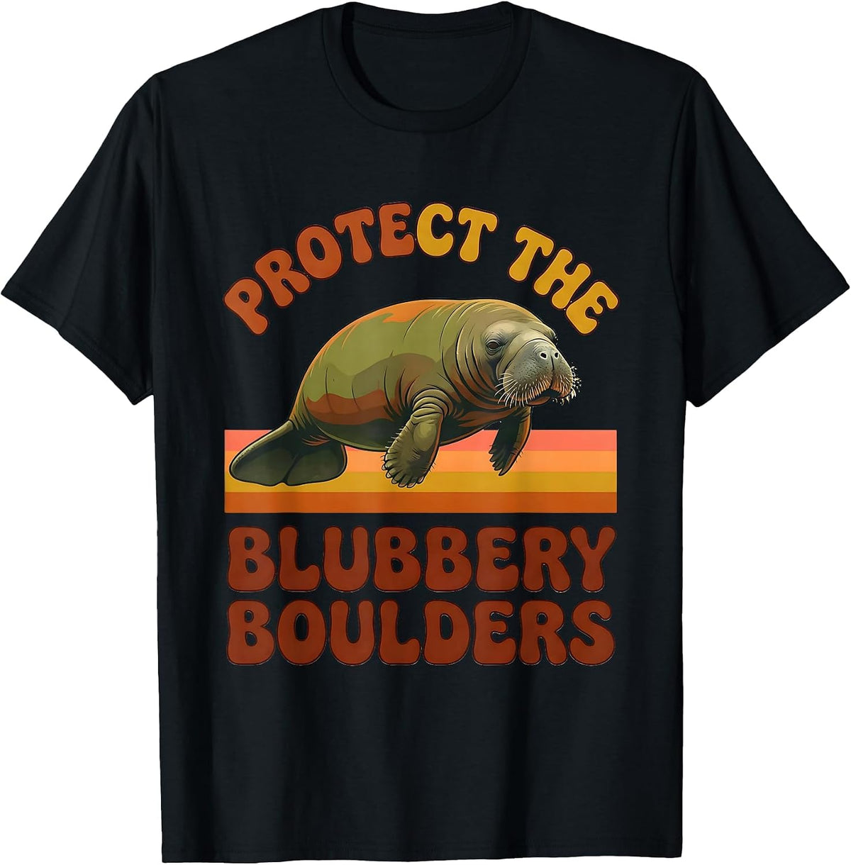 Men's Protect The Blubbery Boulders Retro Funny Manatee Sea Cow T-Shirt - Black