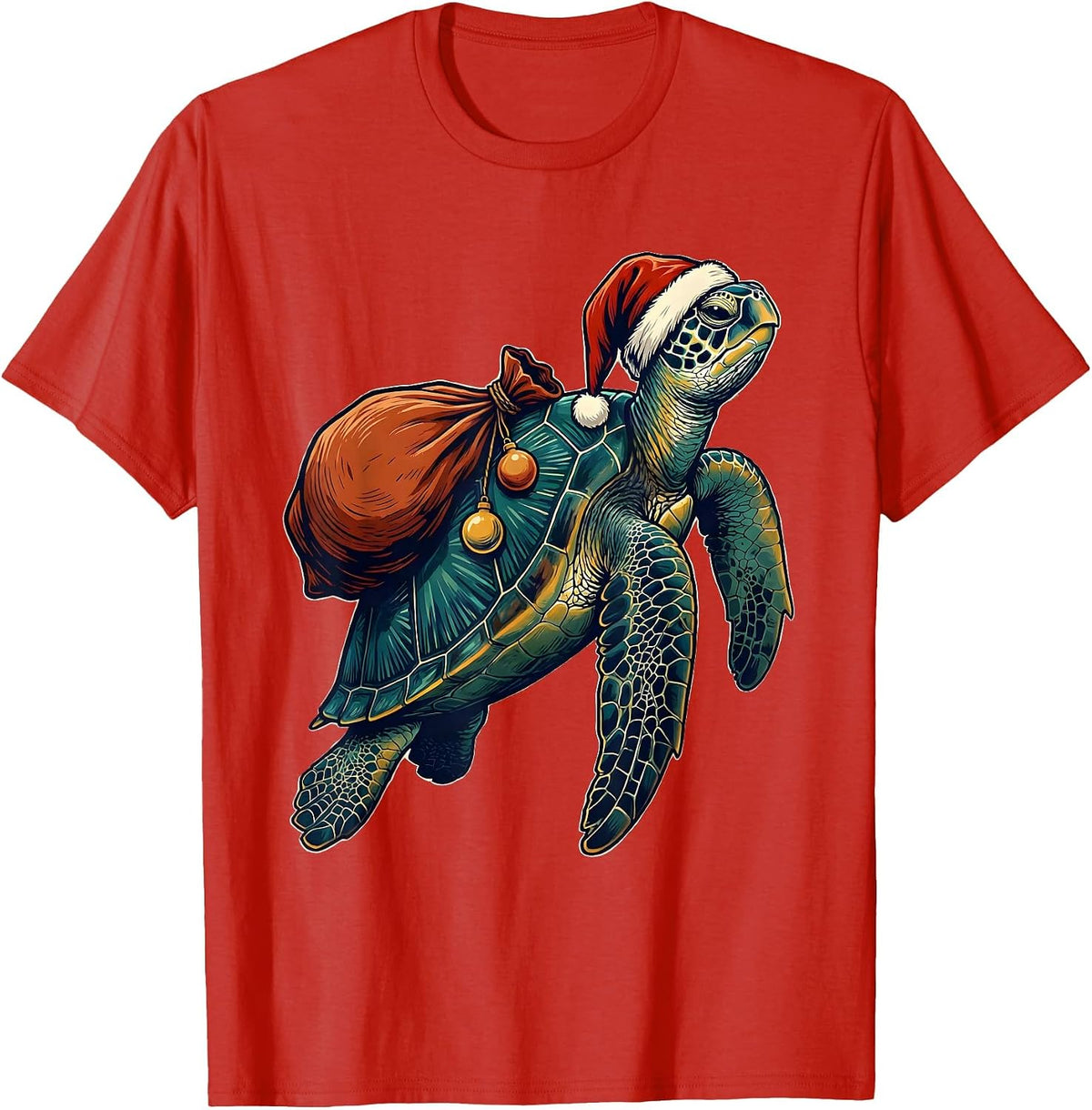 Men's Sea Turtle Santa Hat Whimsical Christmas Novelty T-Shirt - Red