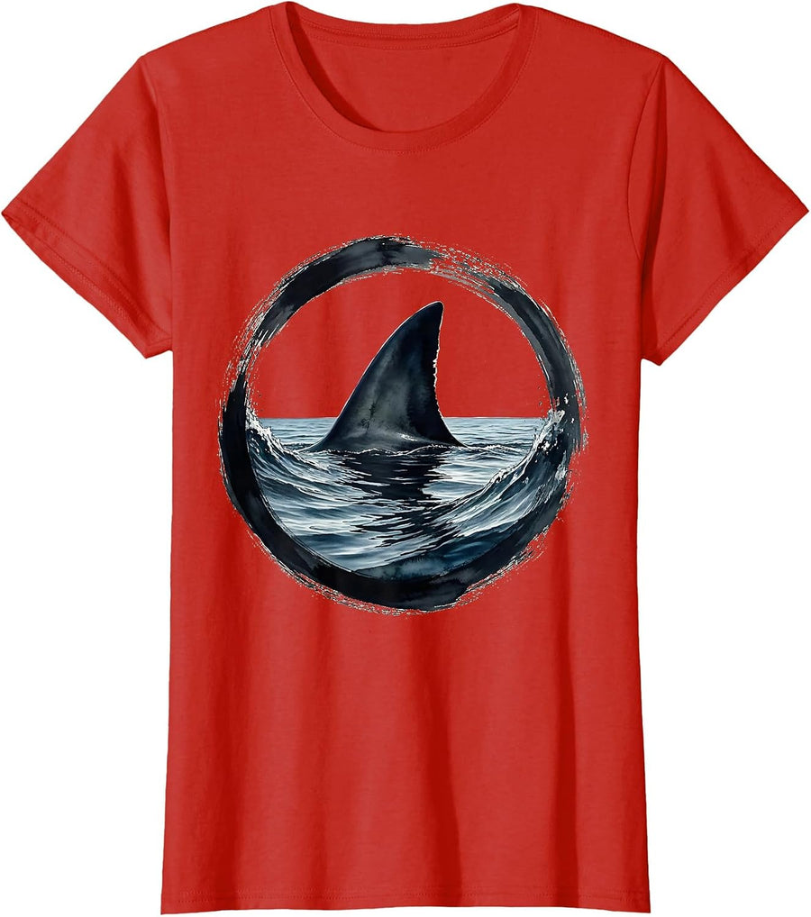 Women's Shark Fin Glassy Ocean Wave Surf Design T-Shirt - Red