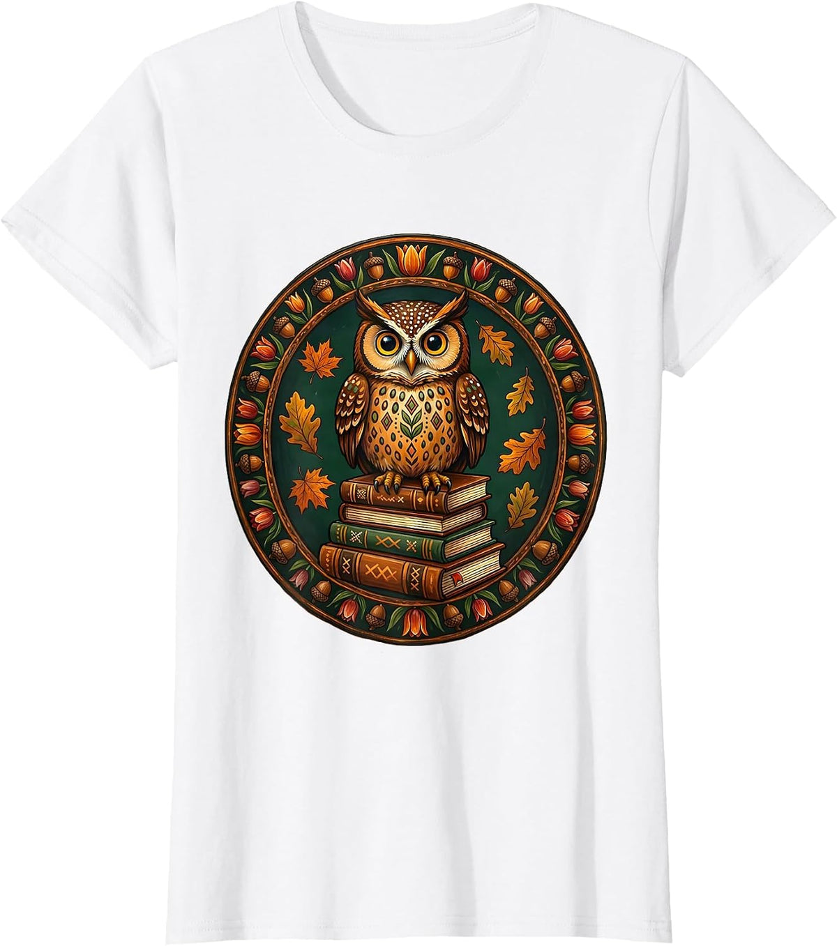 Fall Teacher Owl on Books Illustration T-Shirt - White