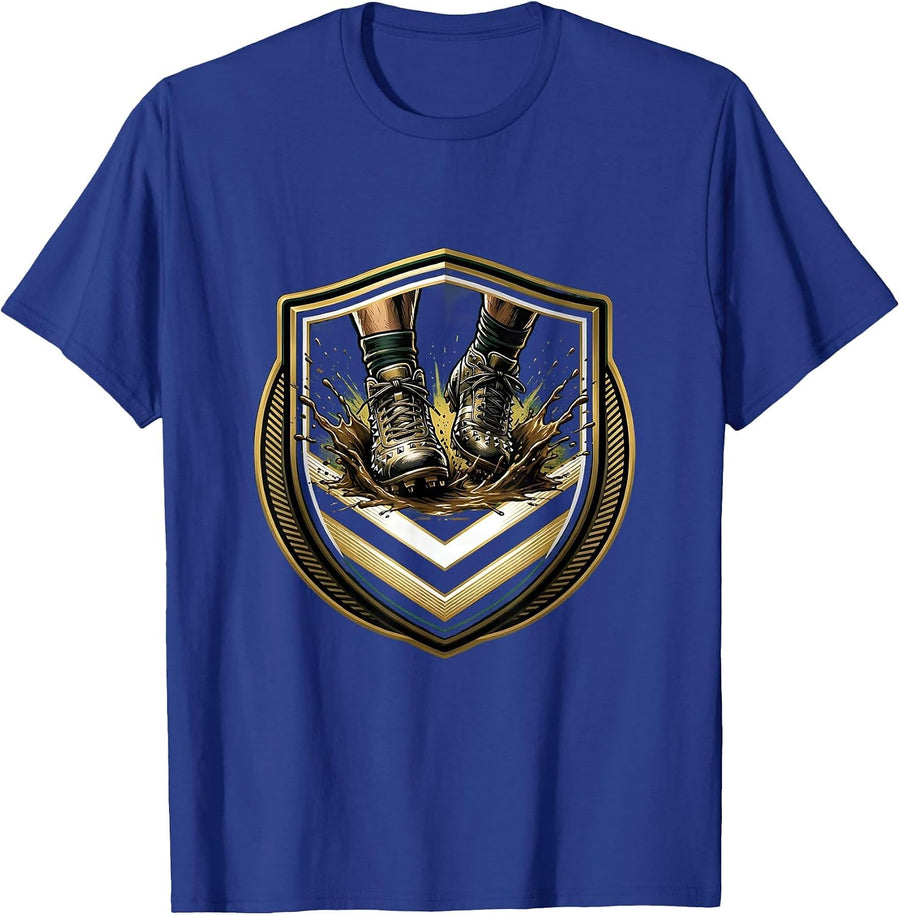 Rugby Boots Sprinting Across Muddy Field T-Shirt - Royal Blue