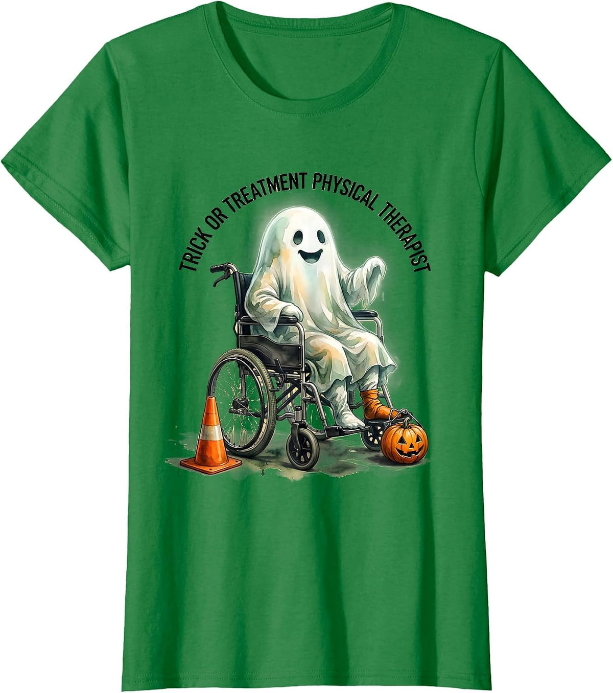 Women's Trick Or Treatment Physical Therapist Funny Ghost Halloween T-Shirt - Kelly Green