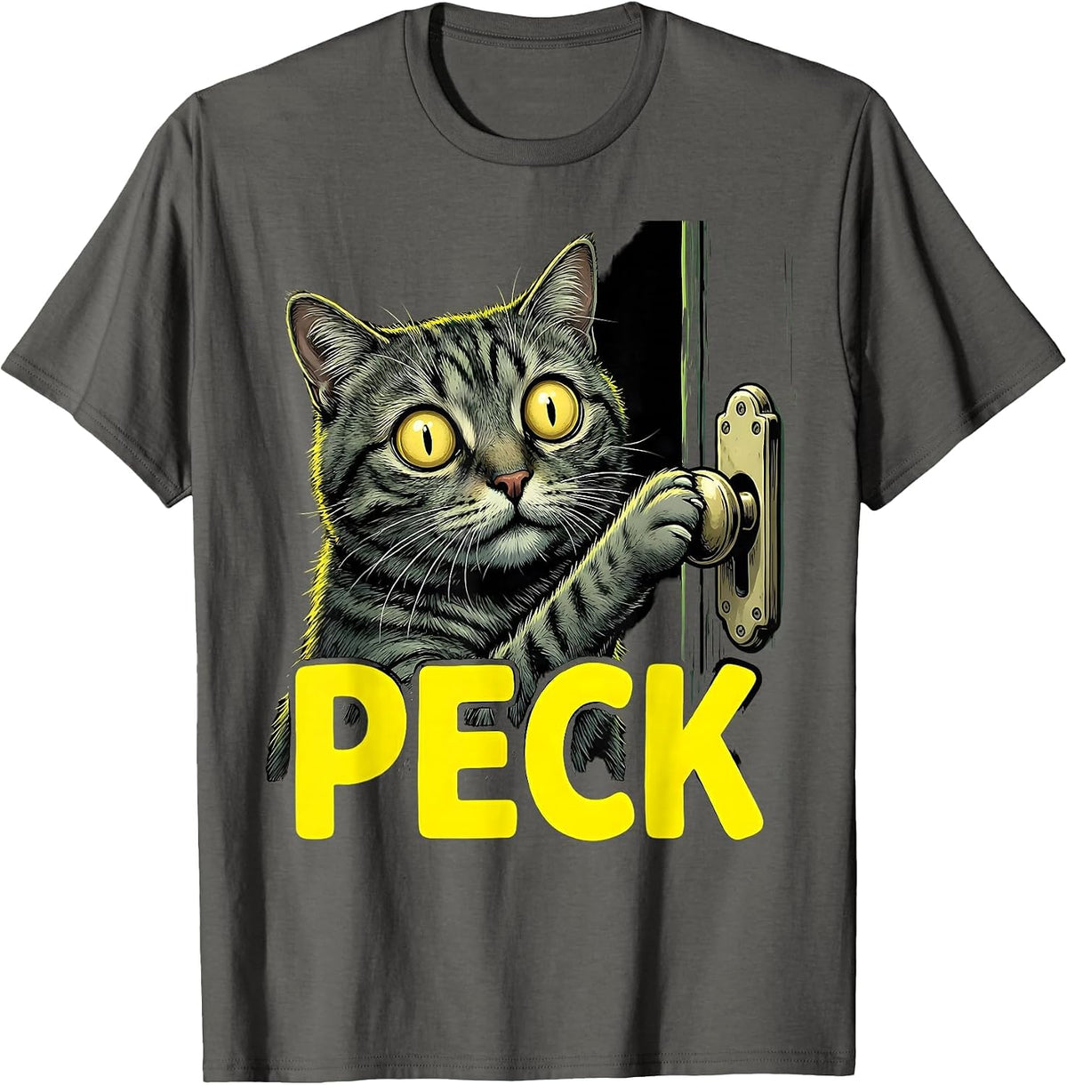 Men's Peck Cartoon Gray Tabby Cat Halloween Horror Parody Humor T-Shirt - Asphalt Grey