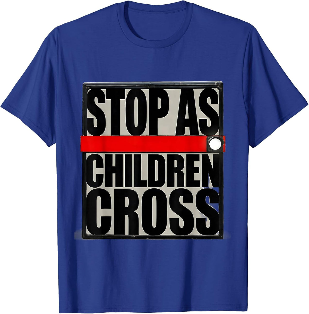 STOP AS CHILDREN CROSS Brutalist Bus Driver Safety Week T-Shirt - Royal Blue