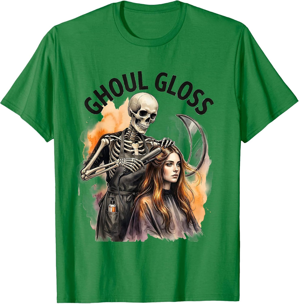 Men's Ghoul Gloss Watercolor Skeleton Hairstylist Halloween Barber T-Shirt - Kelly Green
