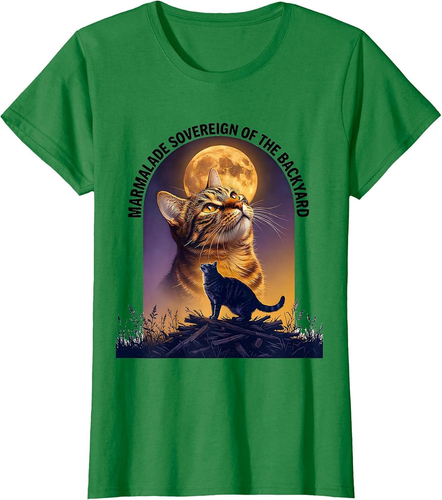 Women's Marmalade Sovereign of the Backyard Retro Orange Tabby Cat T-Shirt - Kelly Green