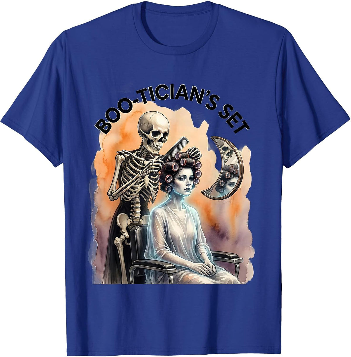 Men's Boo-Tician's Set Watercolor Skeleton Hairstylist Halloween T-Shirt - Royal Blue