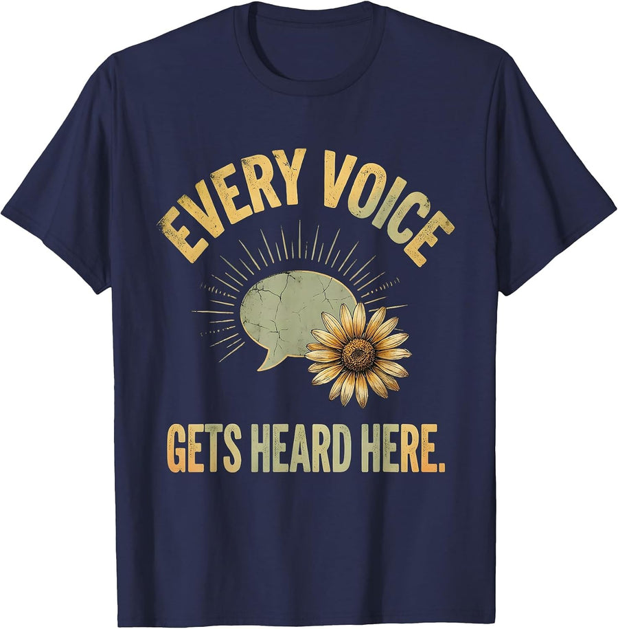 Every Voice Gets Heard Here Boho Summer SLP Speech Therapist T-Shirt - Navy Blue