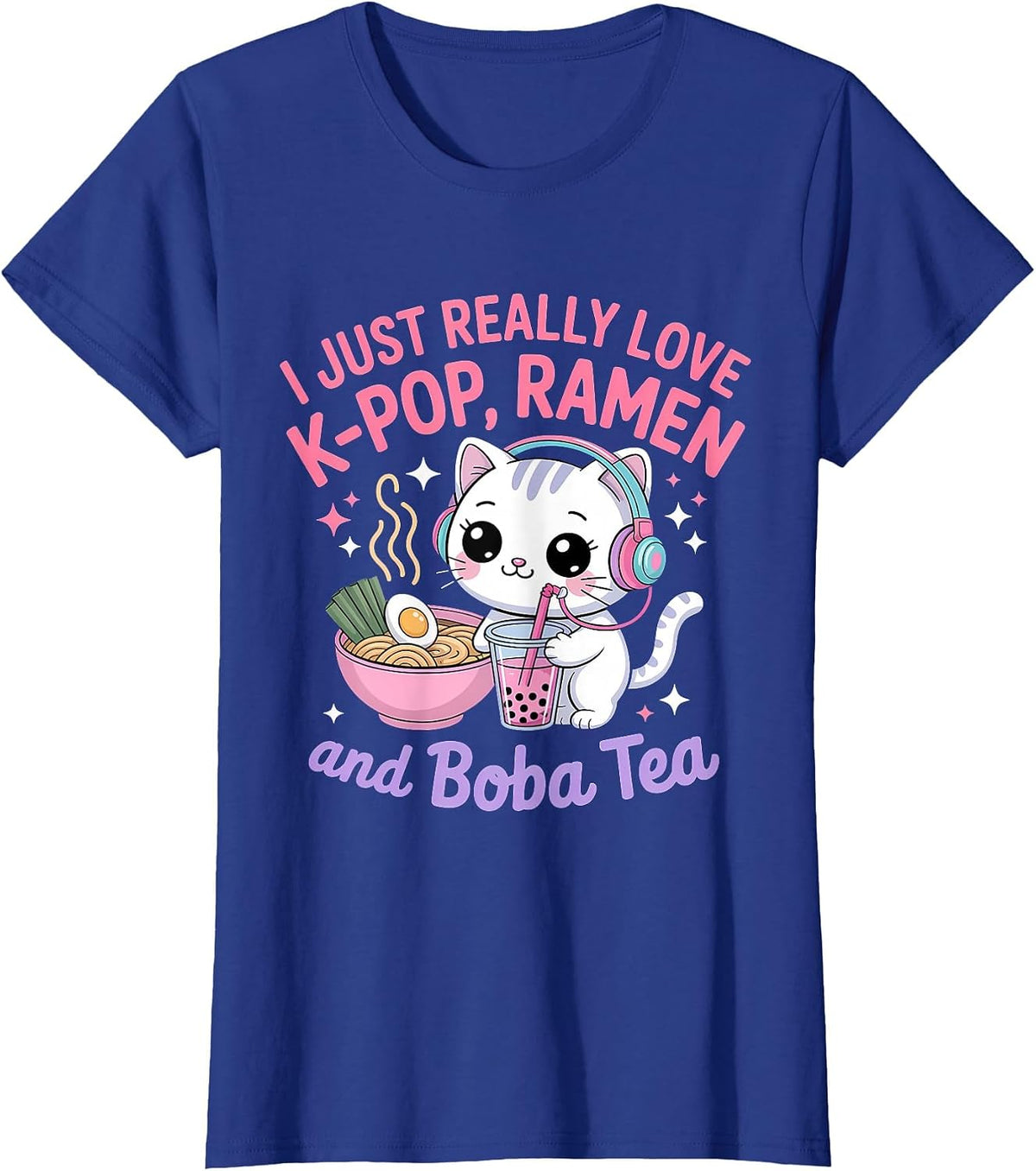 I Just Really Love K-Pop Ramen and Boba Tea Cat T-Shirt - Royal Blue