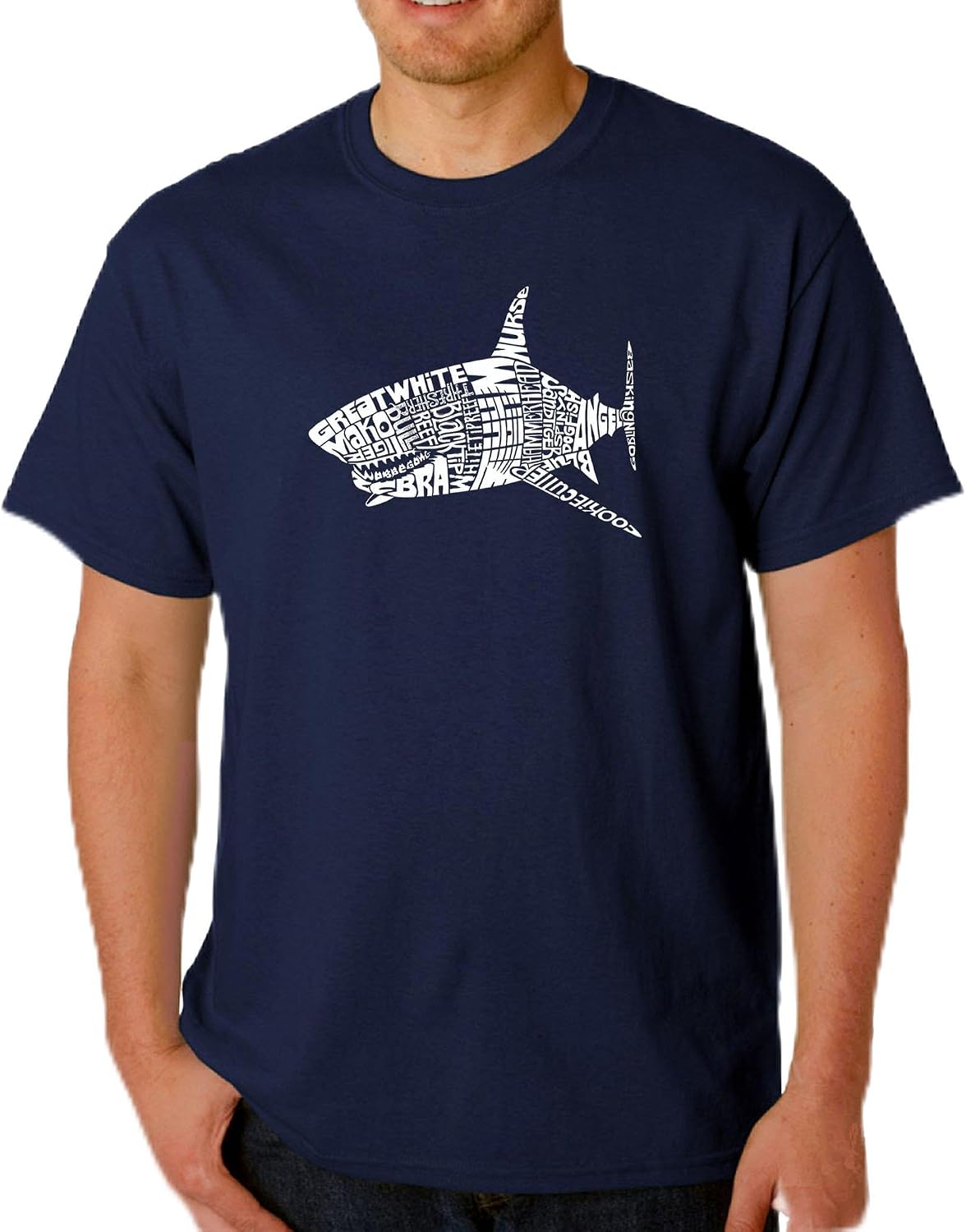 LA POP ART Men's Word Art T-Shirt- Species of Shark - Navy Blue