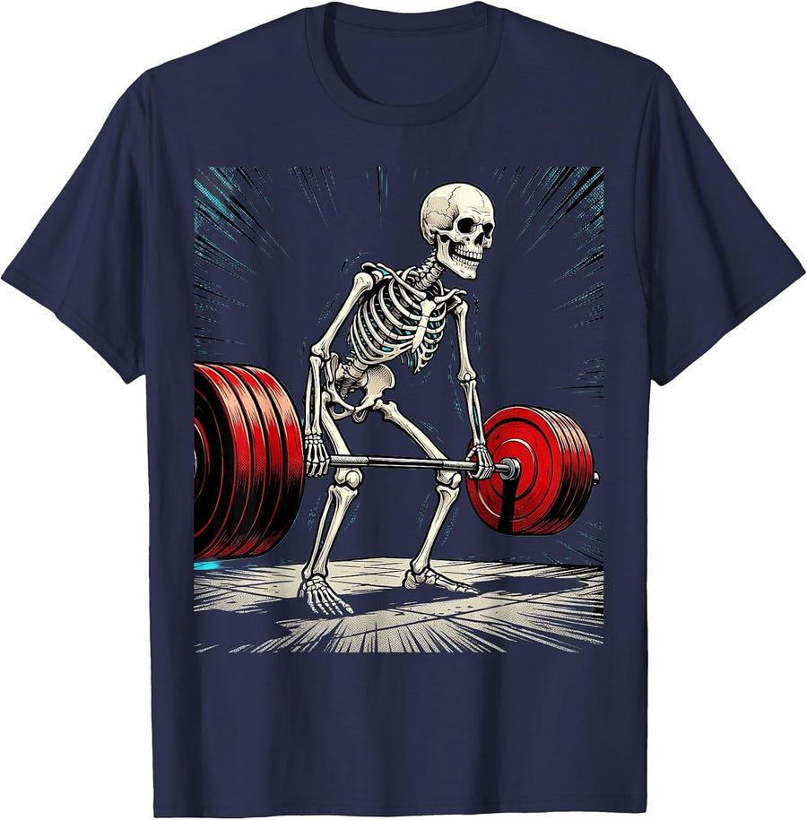 Skeleton Lifting Weights Dark Humor Gym Design T-Shirt - Navy Blue
