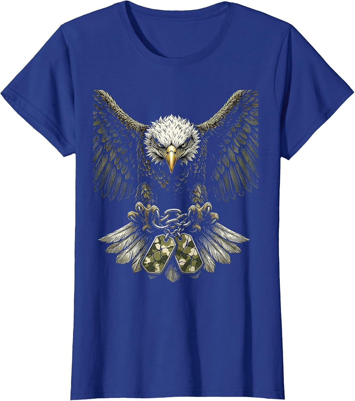 Women's Eagle Camo Dog Tags Patriotic Graphic Tee T-Shirt - Royal Blue
