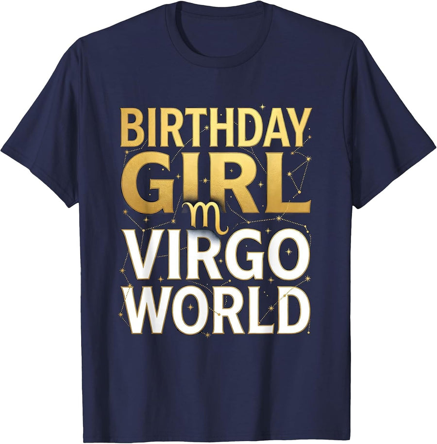 Birthday Girl Virgo World Zodiac Design T-Shirt - Navy Blue