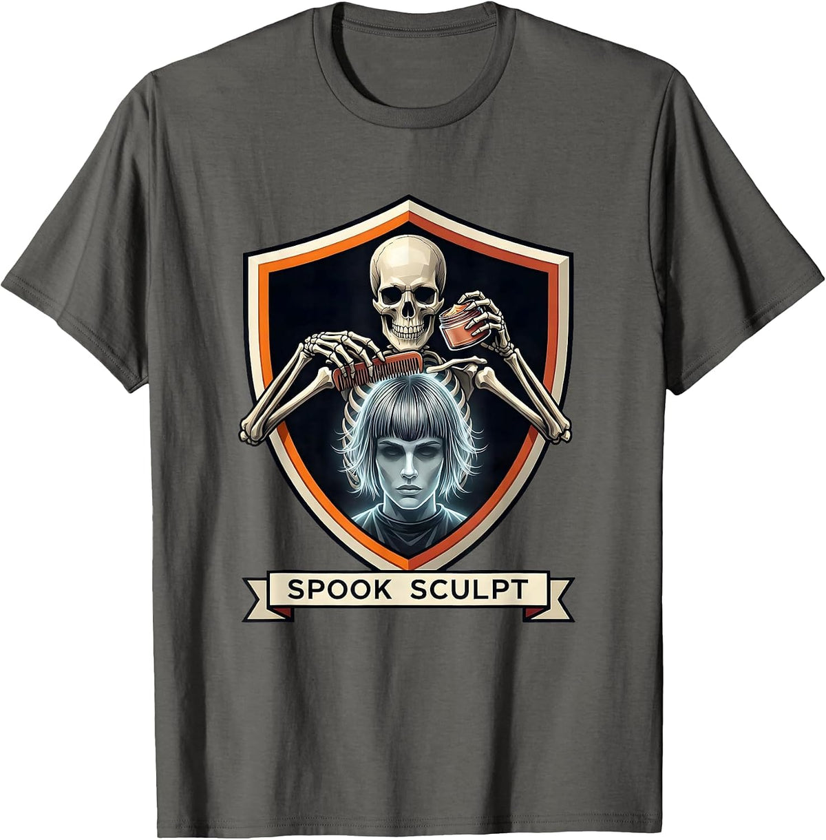 Spook Sculpt Skeleton Hairstylist Funny Hairdresser T-Shirt - Asphalt Grey