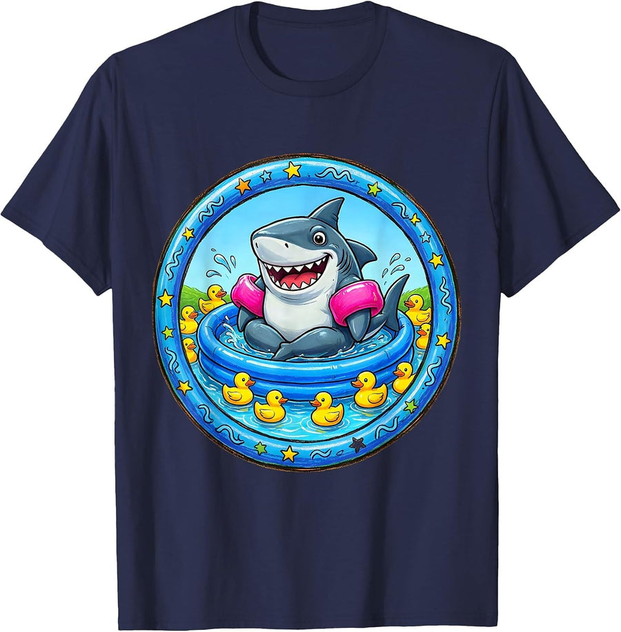 Shark In Kiddie Pool With Floaties Funny T-Shirt - Navy Blue