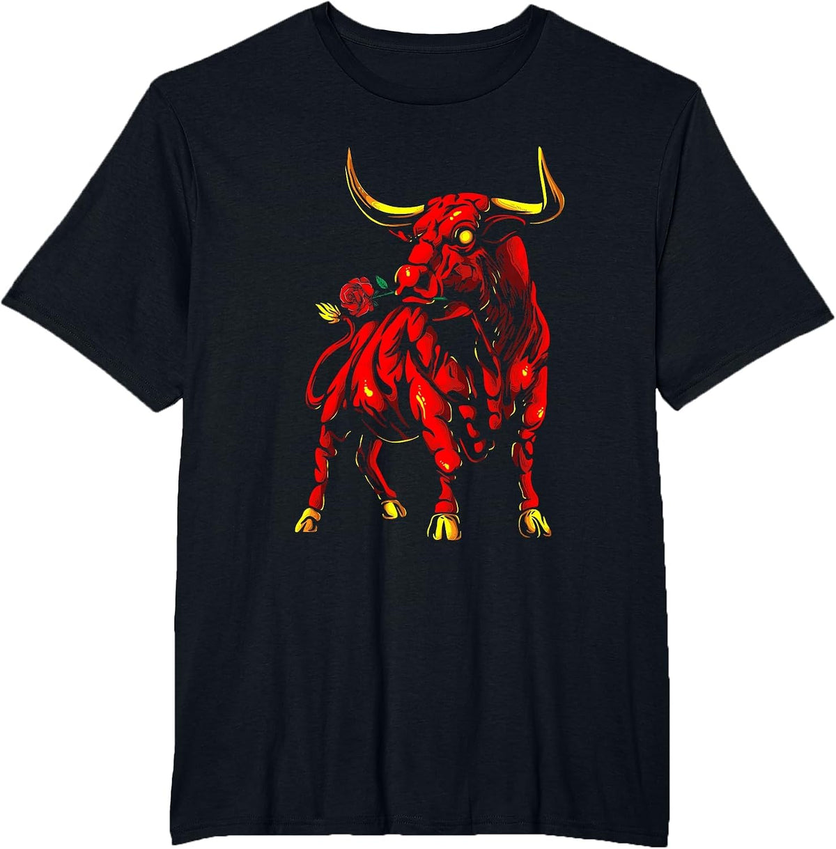 Bull with Rose | Spanish Bullfighting | Bull Riding T-Shirt - Black