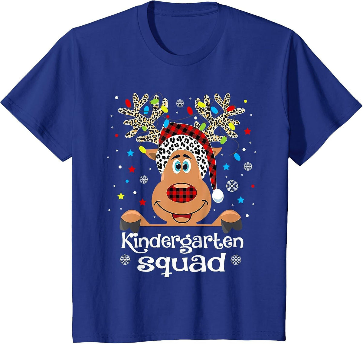 Kindergarten Squad Plaid Reindeer Santa Hat Teacher T-Shirt - Royal Blue