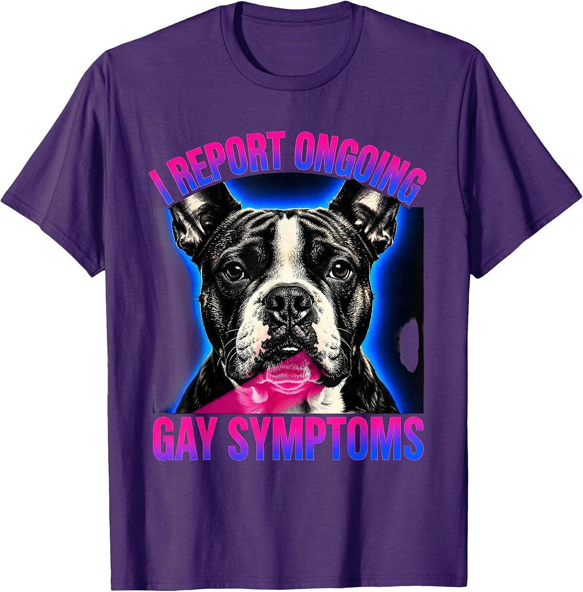 Men's I Report Ongoing Gay Symptoms Funny Bull Terrier Meme T-Shirt - Purple