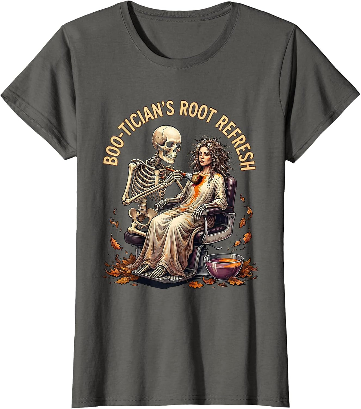 Women's Boo-tician's Root Refresh Funny Skeleton Hairdresser T-Shirt - Asphalt Grey