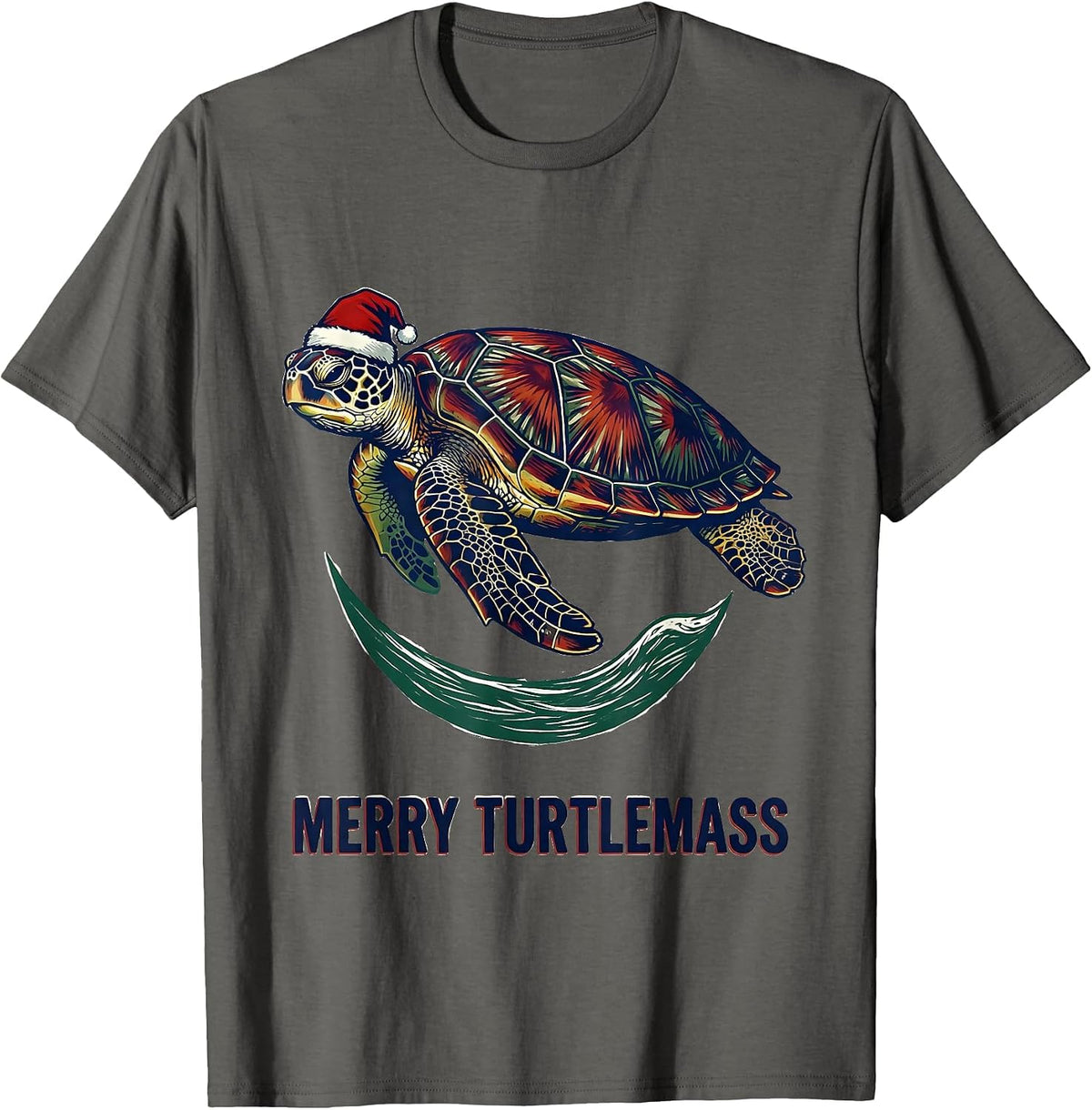 Men's Merry Turtlemass Linocut Sea Turtle Santa Hat Holiday T-Shirt - Asphalt Grey