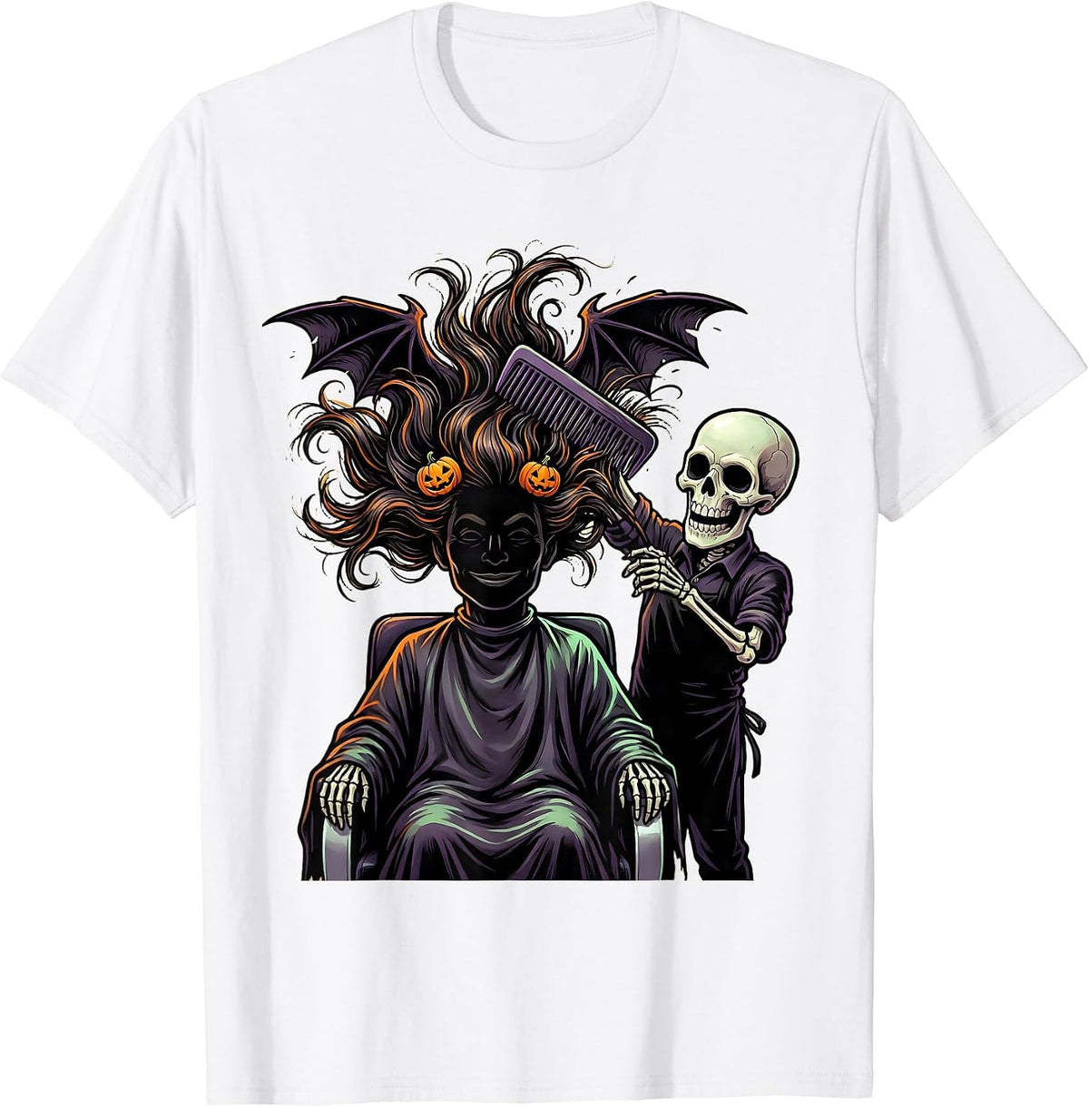 Men's Cartoon Skeleton Hairstylist Halloween Hairdresser Barber T-Shirt - White