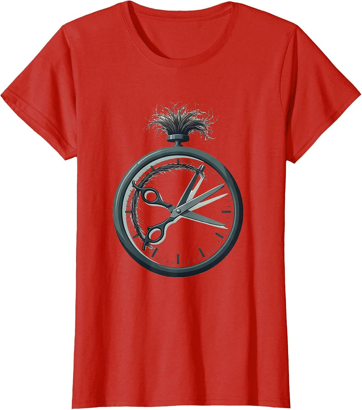 Scissors Clock Barber Hairdresser Gift Work Humor T-Shirt - Red