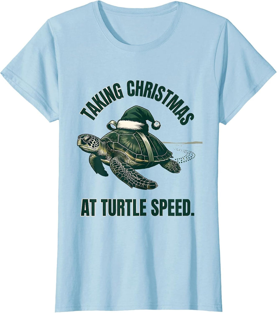 Women's Taking Christmas At Turtle Speed Whimsical Sea Turtle Santa T-Shirt - Baby Blue