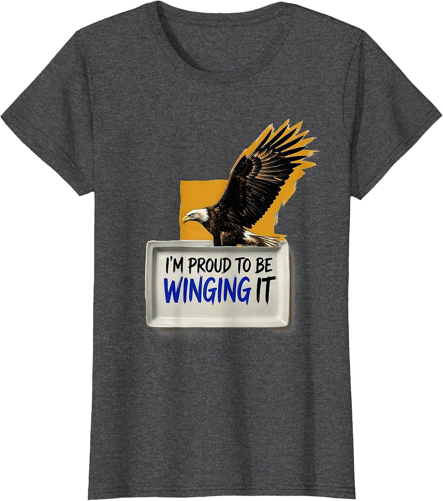Women's I'm Proud To Be Winging It Vintage Eagle Patriotic Pride T-Shirt - Dark Heather Grey