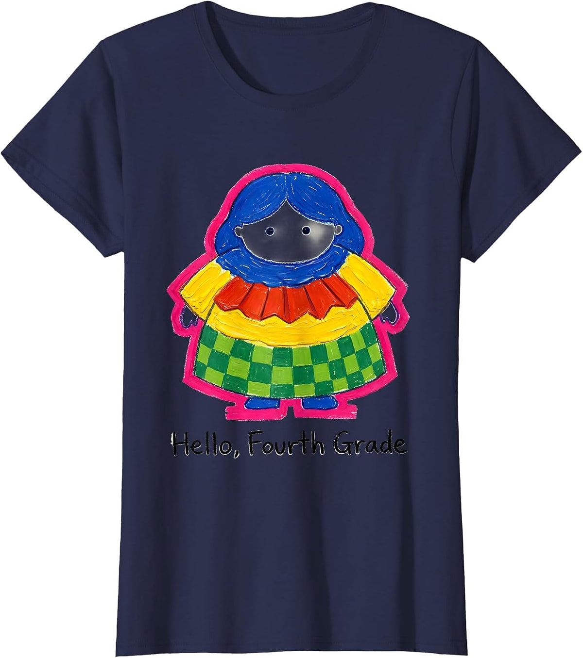 Women's Hello, Fourth Grade Cute Dumpling Girl Back to School T-Shirt - Navy Blue