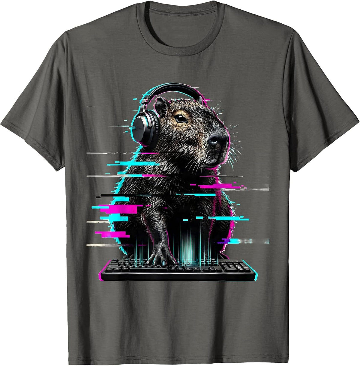 Men's Capybara Gamer Glitch Humor Animal Lover Meme T-Shirt - Asphalt Grey