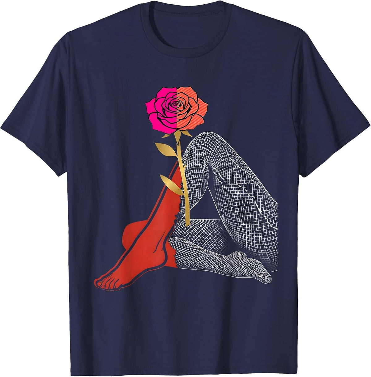 Torn Fishnet Stocking Rose Bloom Rock Graphic T-Shirt - Navy Blue