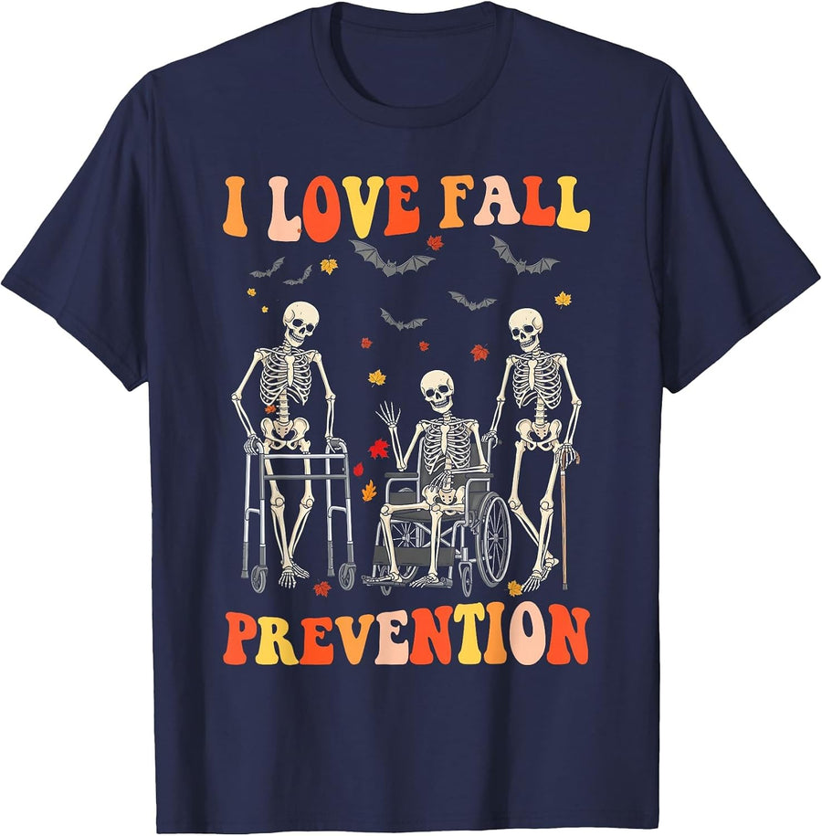 I Love Fall Prevention Physical Therapy Halloween Skeleton T-Shirt - Navy Blue