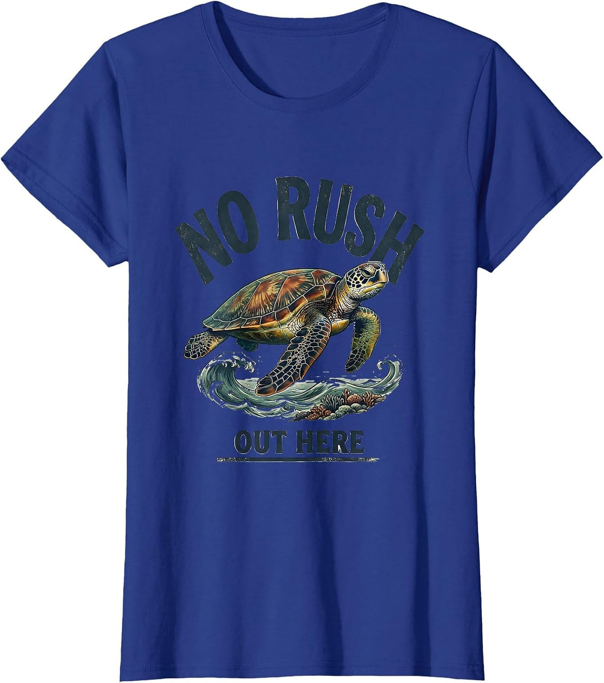 Women's No Rush Out Here Vintage Sea Turtle Beach Vacation Souvenir T-Shirt - Royal Blue