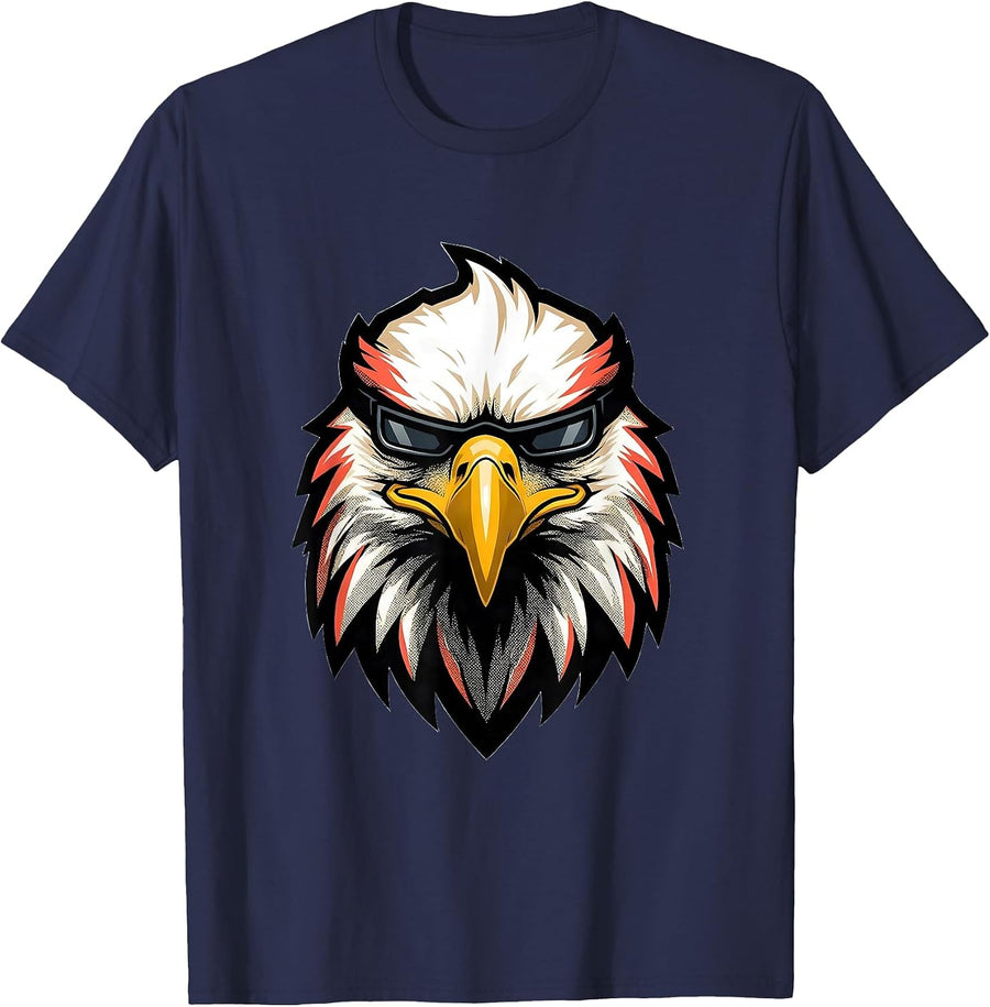 Eagle Mascot Sunglasses Screenprint Eagle Fan Novelty T-Shirt - Navy Blue