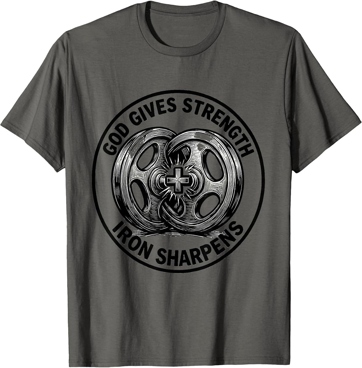 God Gives Strength Iron Sharpens Christian Men Gym Workout T-Shirt - Asphalt Grey