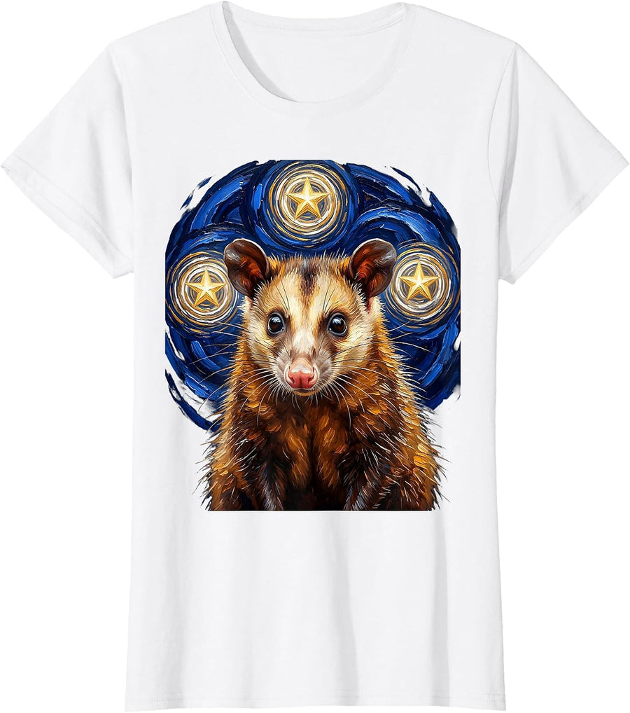Women's Virginia Opossum Starry Night Animal Lover Surrealism T-Shirt - White