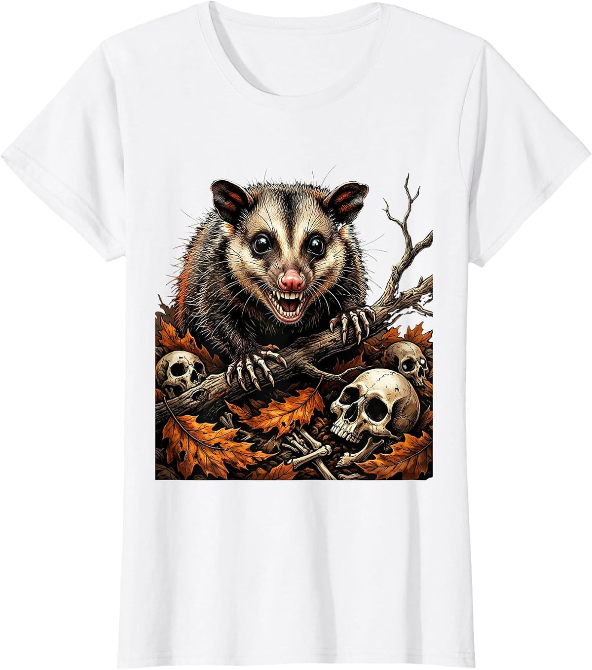 Opossum in Autumn Leaves Fall Nature Design T-Shirt - White