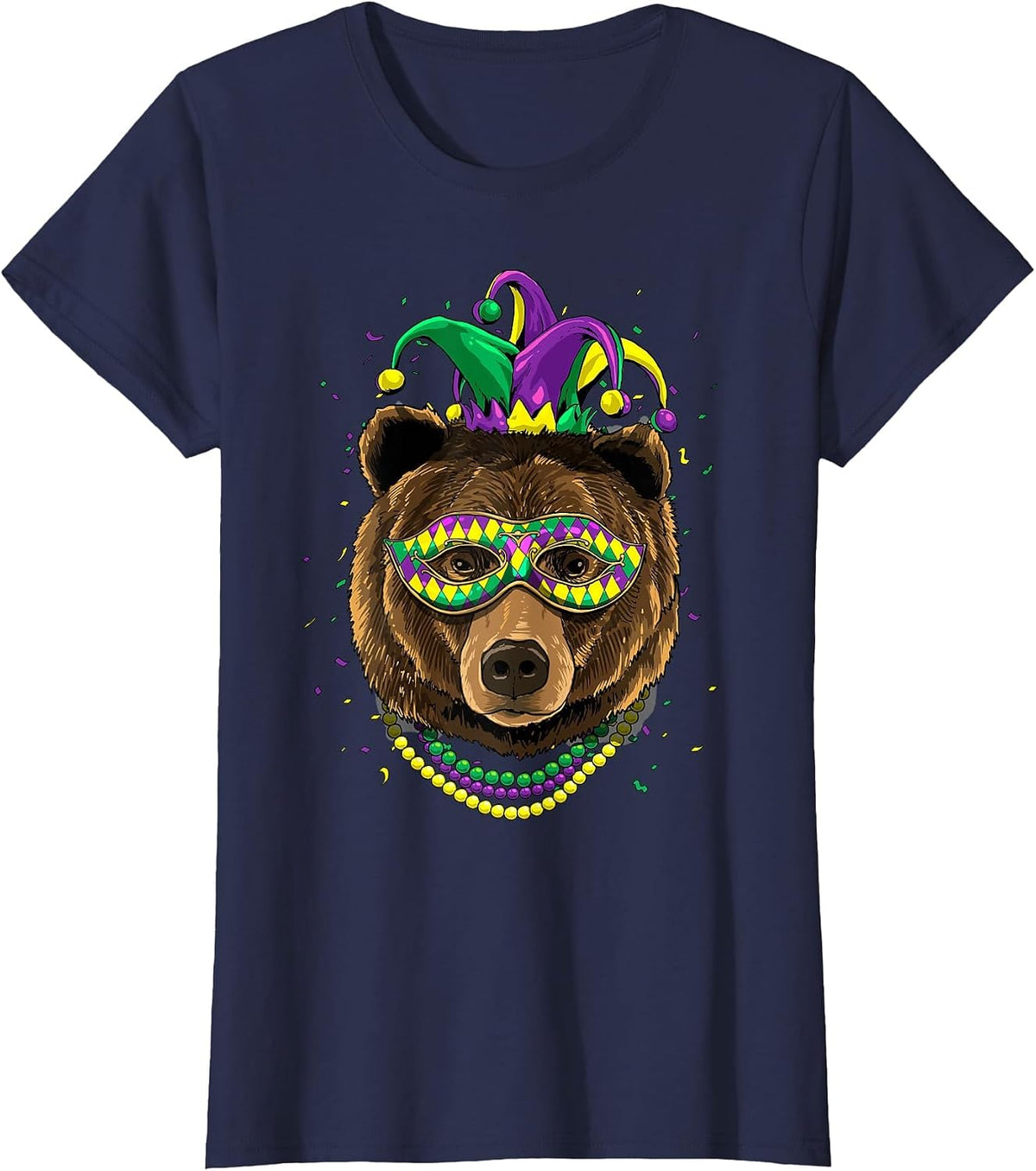 Bear Animal Lover Cute Mardi Gras Carnival Jester T-Shirt, Women, Navy Blue, X-Small - As Pictured