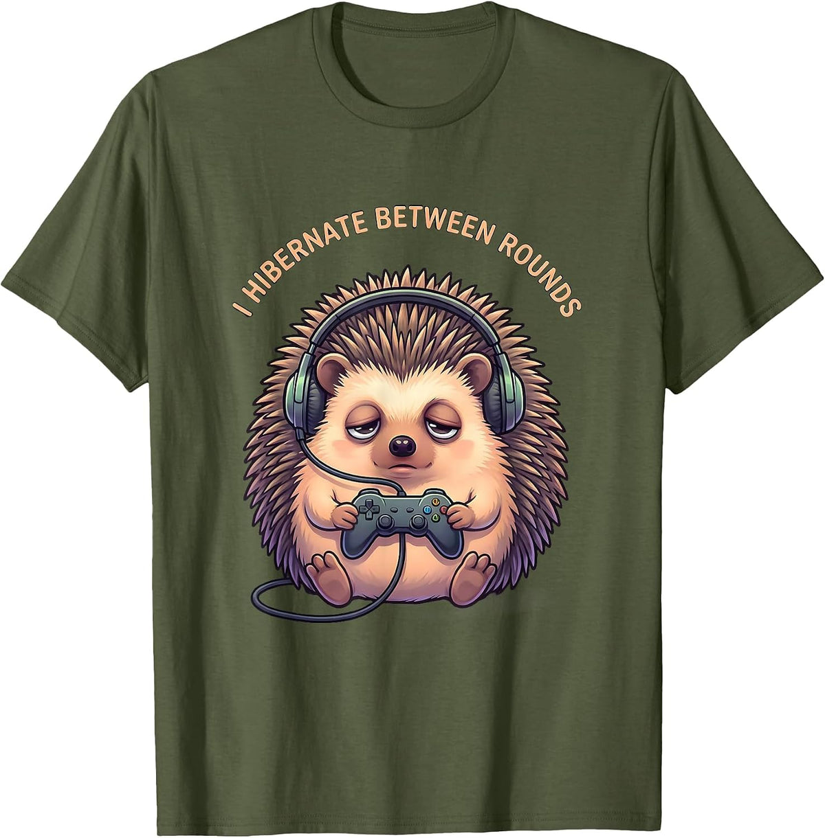 I Hibernate Between Rounds Cute Kawaii Hedgehog Gamer Animal T-Shirt - Olive Green