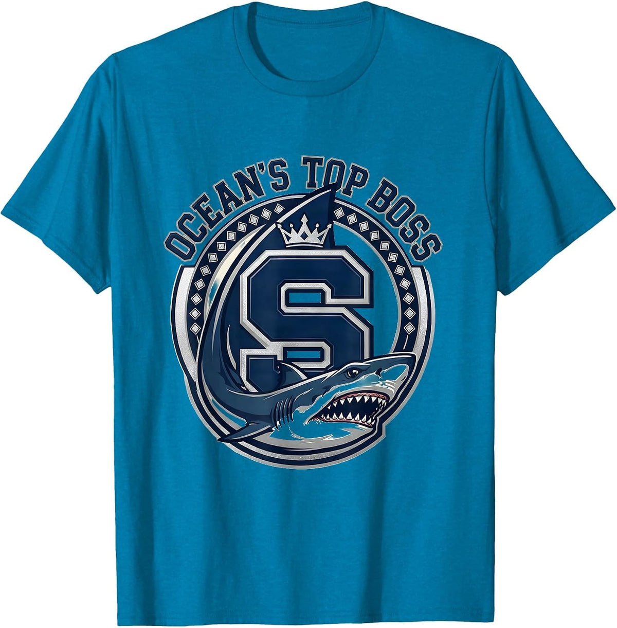 Ocean's Top Boss Shark Graphic Design T-Shirt - Sapphire Blue