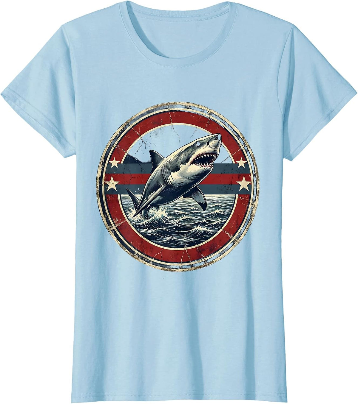Great White Shark Breaching Ocean USA Design T-Shirt - Baby Blue