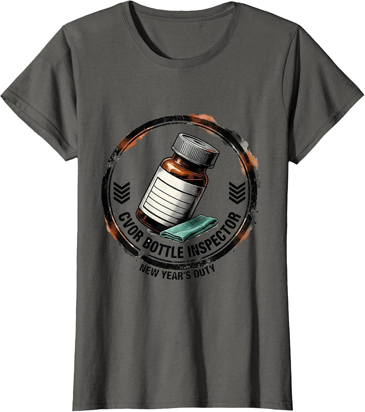 Women's CVOR Bottle Inspector, New Year's Duty Rubber Stamp Nurse T-Shirt - Asphalt Grey