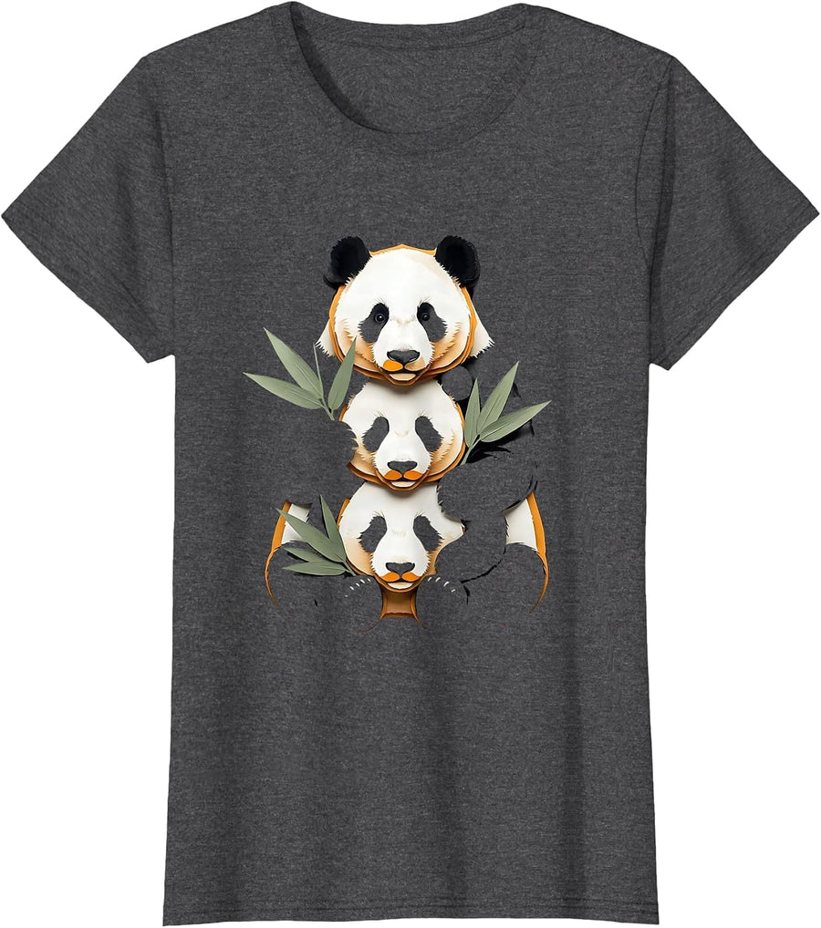 Women's Panda Stack Paper Cutout Funny Animal Lover T-Shirt - Dark Heather Grey