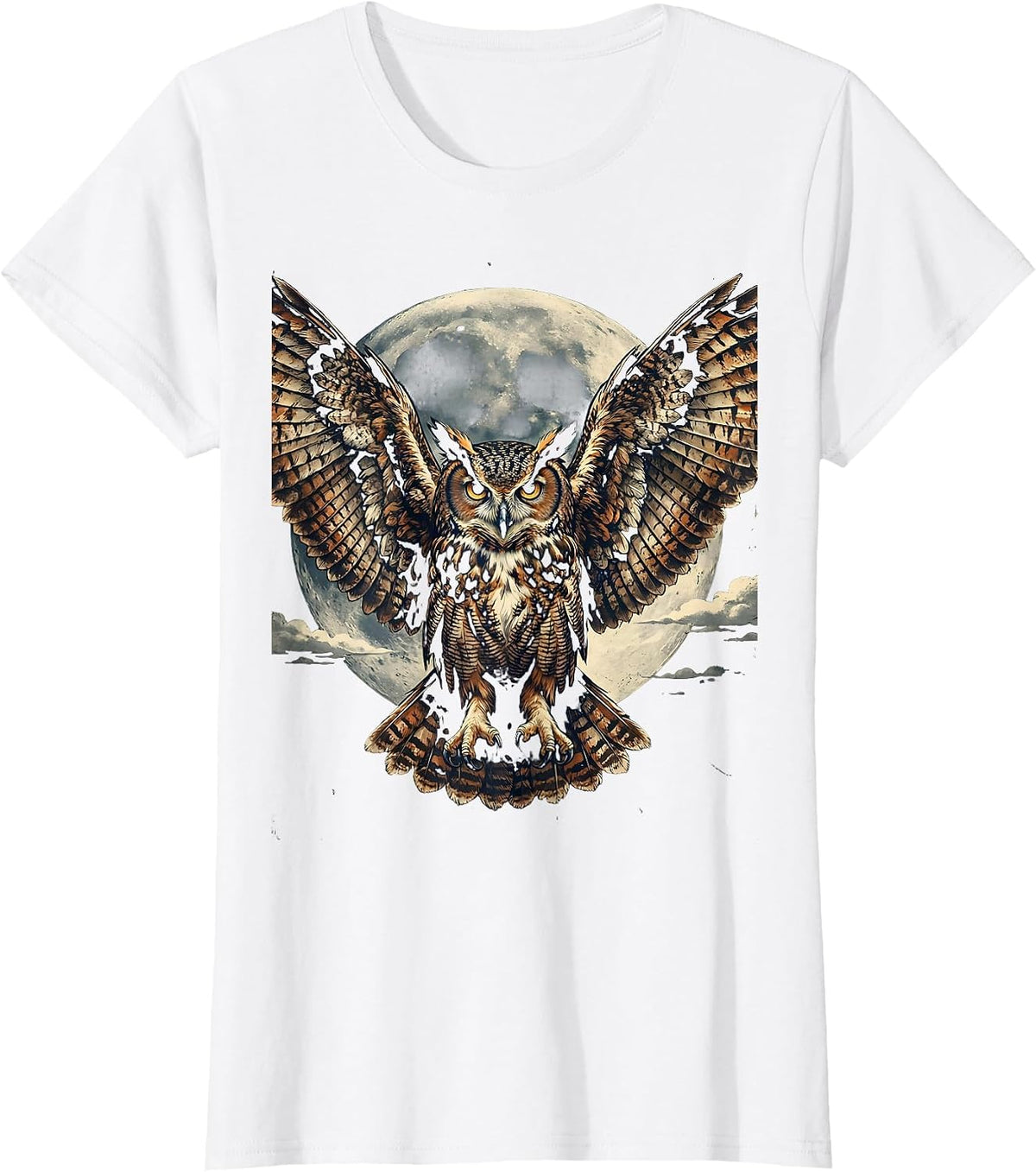 Women's Owl Wide Wings Night Sky Freedom Graphic T-Shirt - White