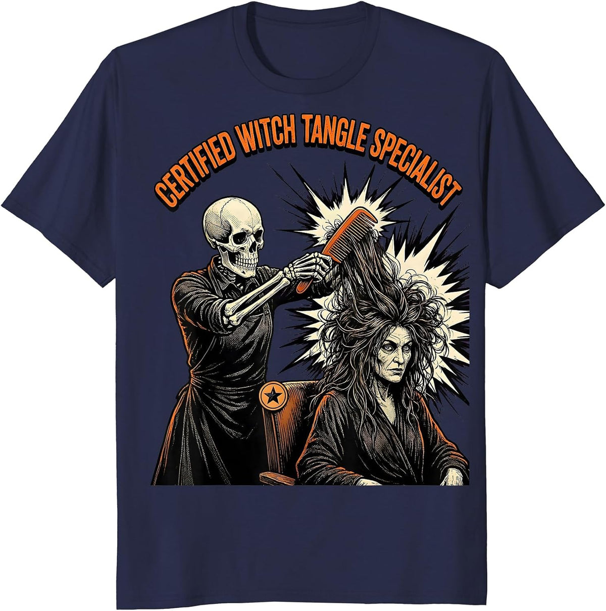 Men's Certified Witch Tangle Specialist Comic Book Skeleton T-Shirt - Navy Blue