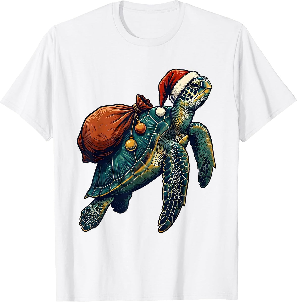 Men's Sea Turtle Santa Hat Whimsical Christmas Novelty T-Shirt - White