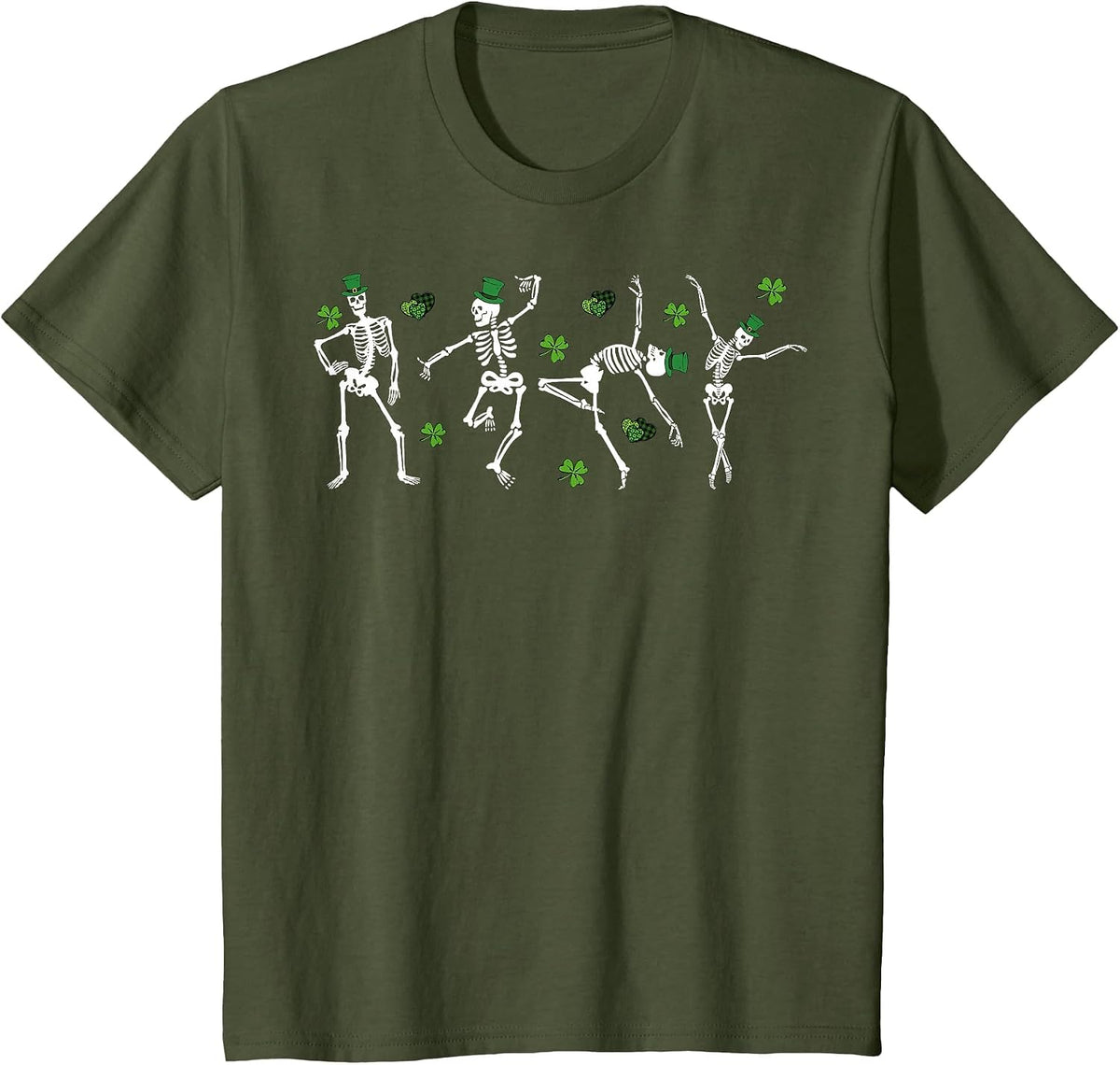 Shamrock Skeletons Dancing Funny St Patrick's Day Party T-Shirt - Olive Green