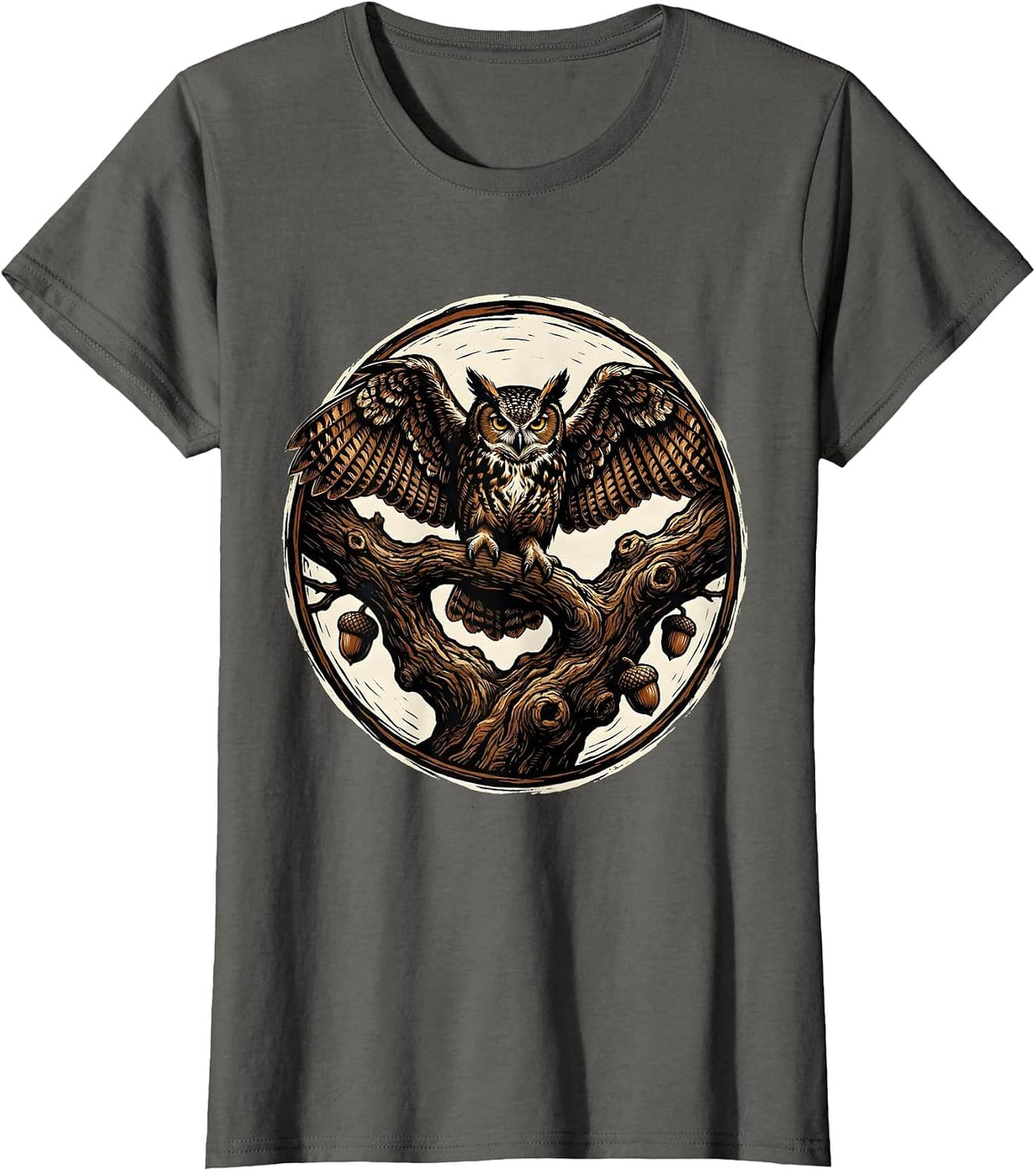 Women's Owl on Gnarled Oak Branch Fall Nature Design T-Shirt - Asphalt Grey