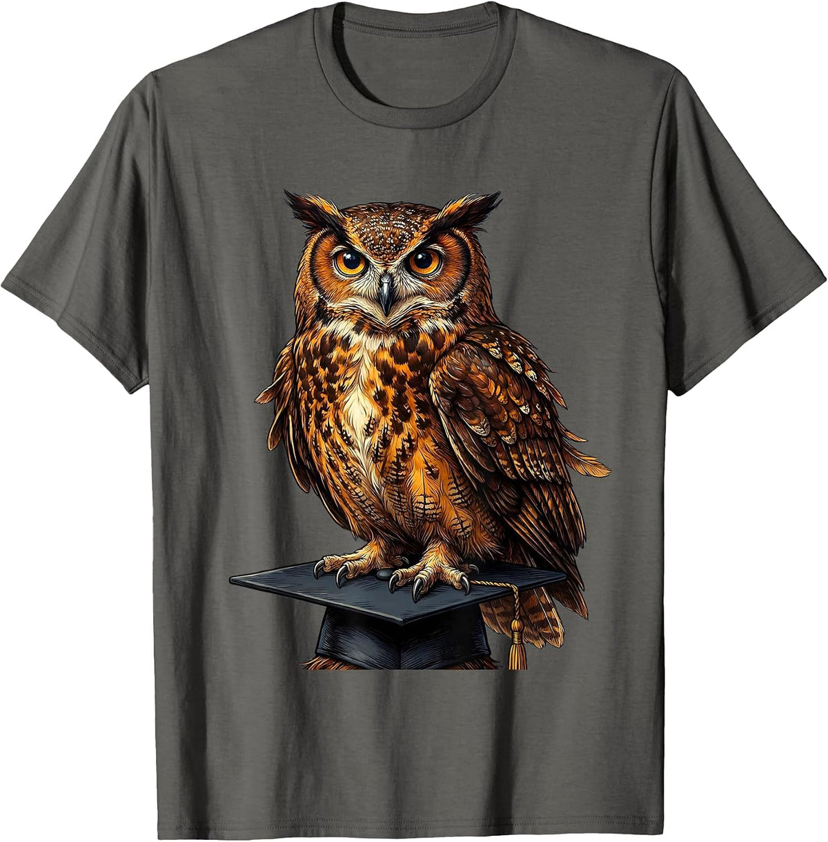 Wise Owl Graduation Cap Illustration T-Shirt - Asphalt Grey